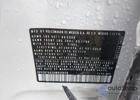 2019 Volkswagen Tiguan 2.0T Se/2.0T Sel/2.0T Sel R-Line/2.0T Sel R-Line Black from USA, damaged, VIN 3VV2B7AX2KM049676